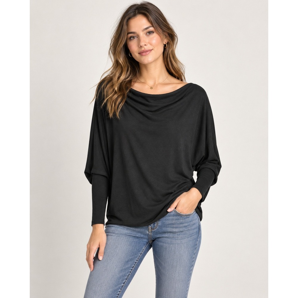 Six/Fifty Women's Small Black Draped Dolman Sleeve Top Cowl Neck Stretch